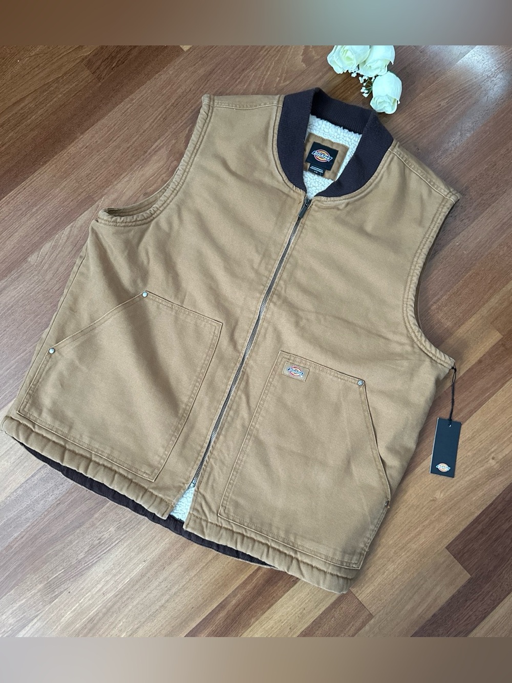 Dickies Tan Sherpa-Lined Work Vest with Ribbed Collar